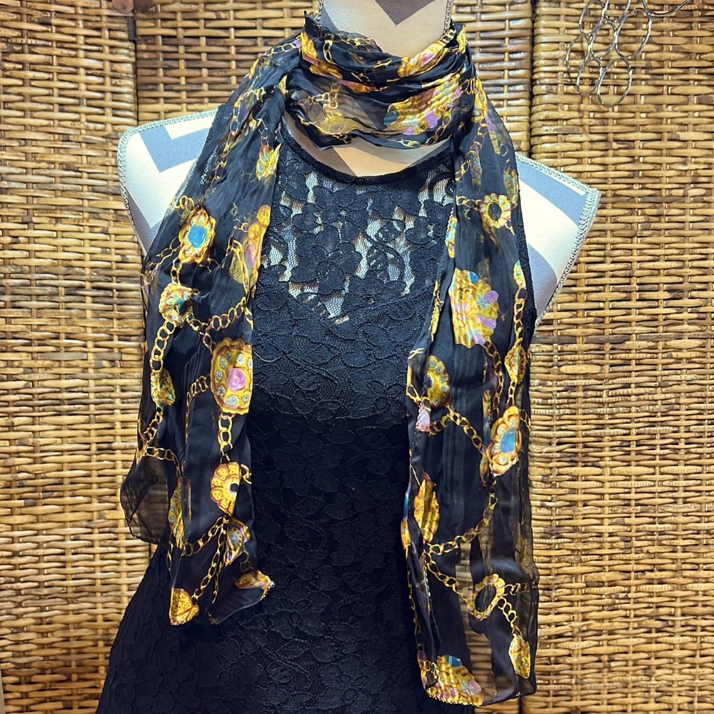 Sheer Black Scarf Gold Jewelry Print